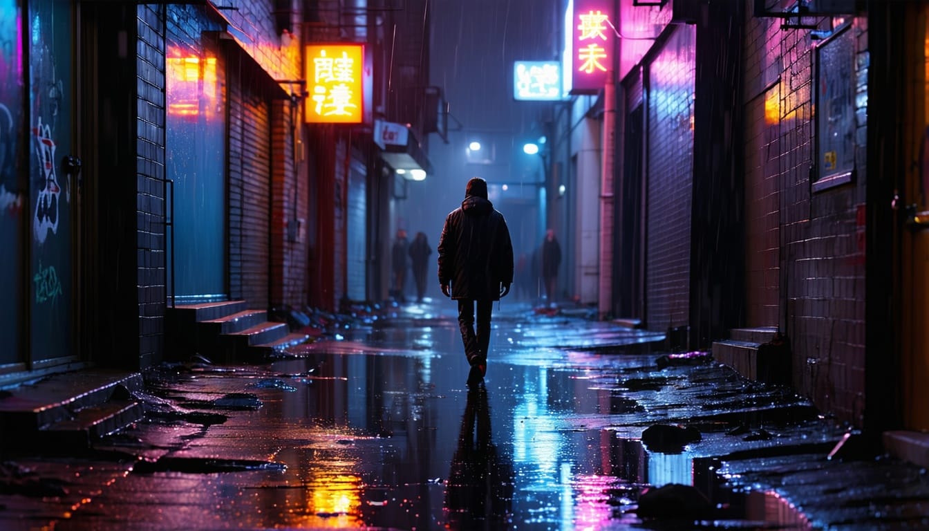Dark rainy city alley at night