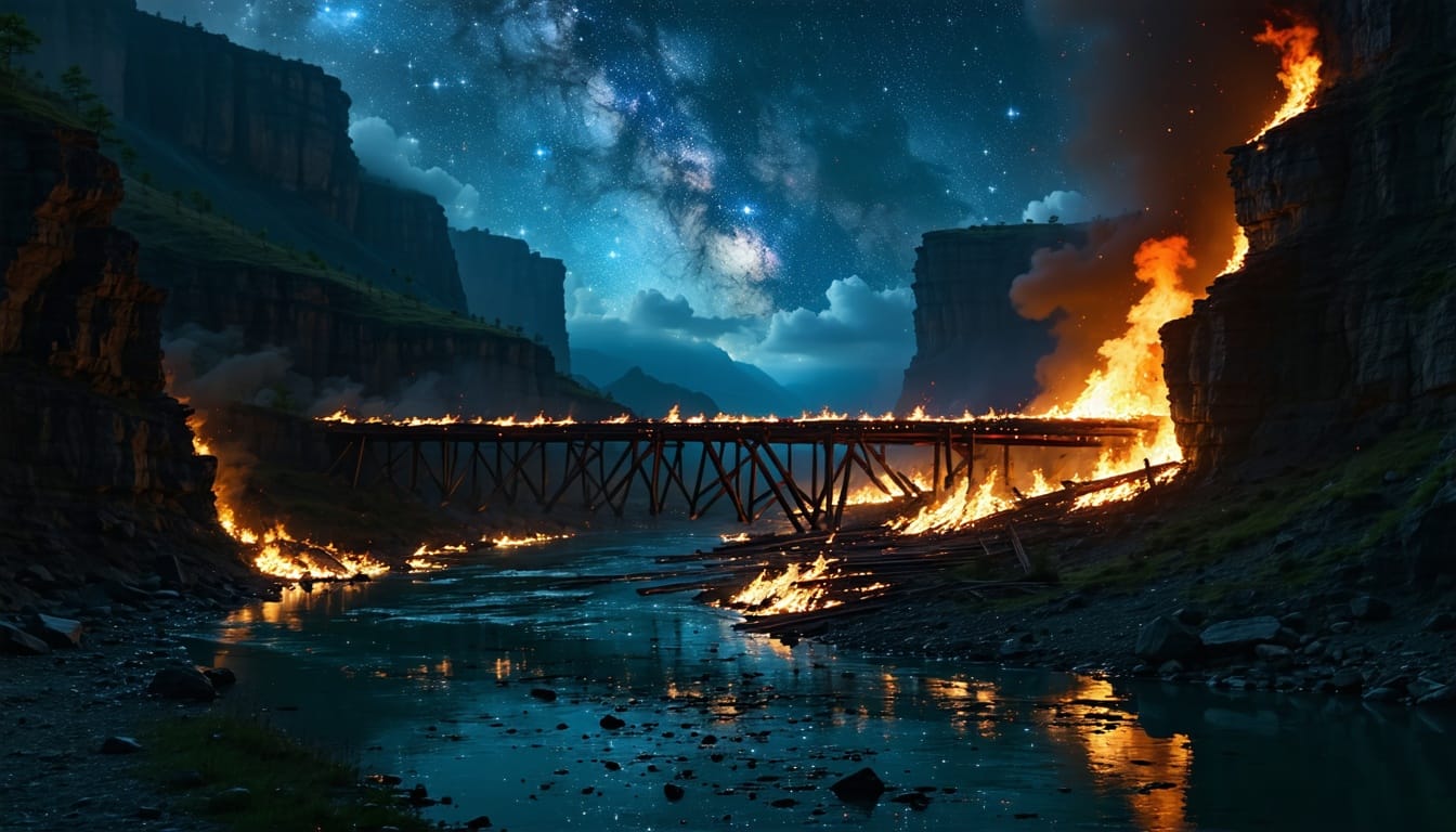 Burning bridge over dark canyon