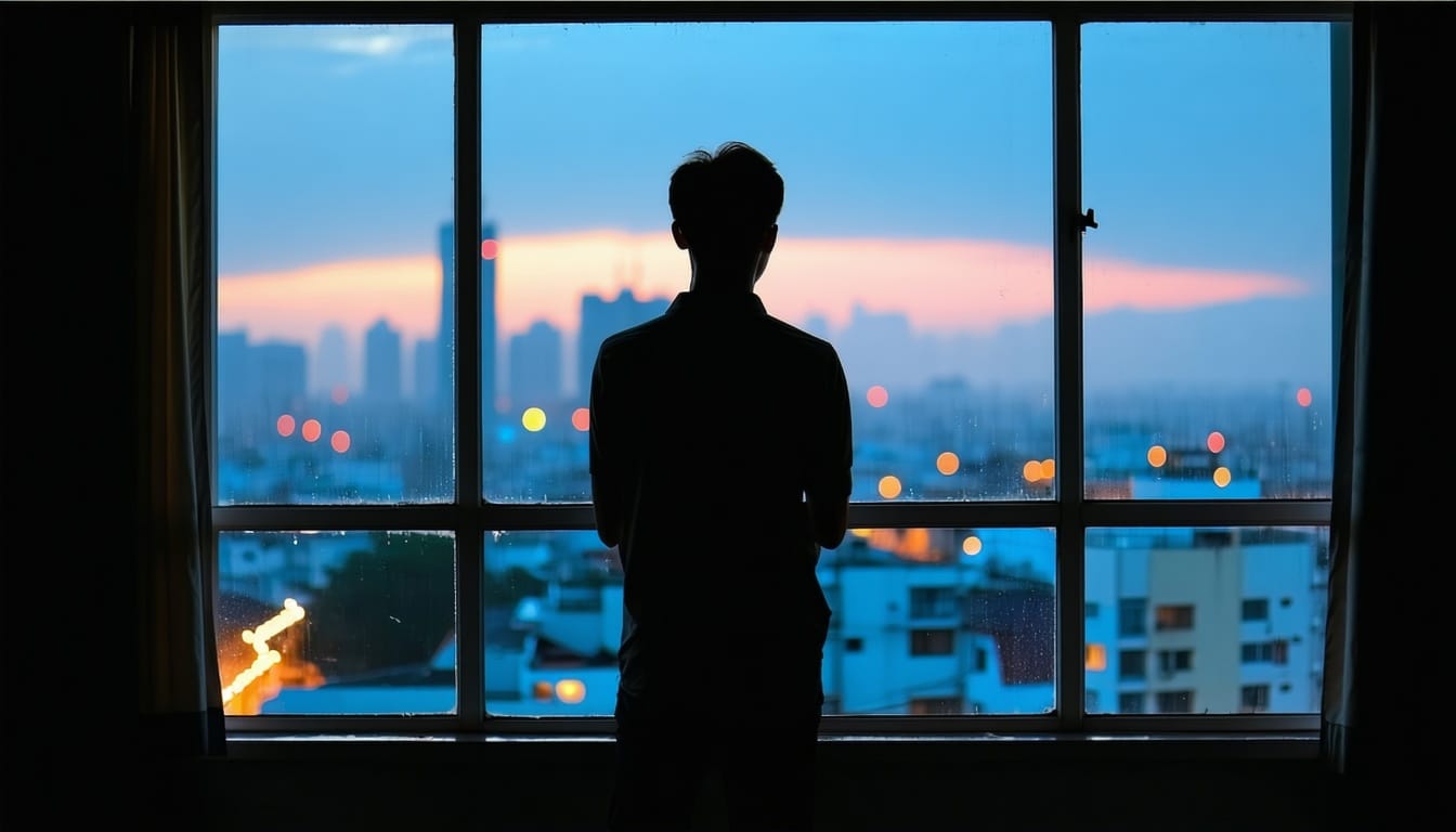 Silhouette overlooking city at dusk