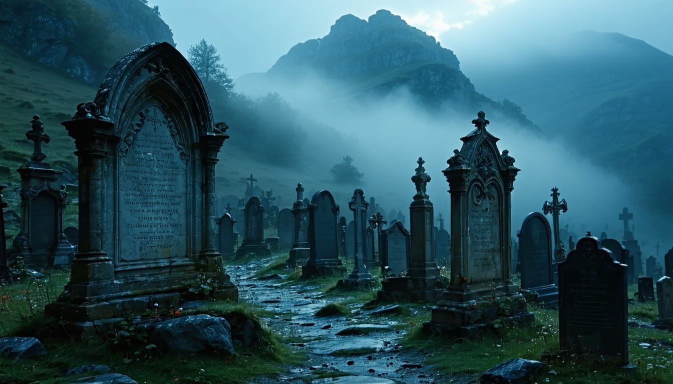 Gothic village cemetery at twilight