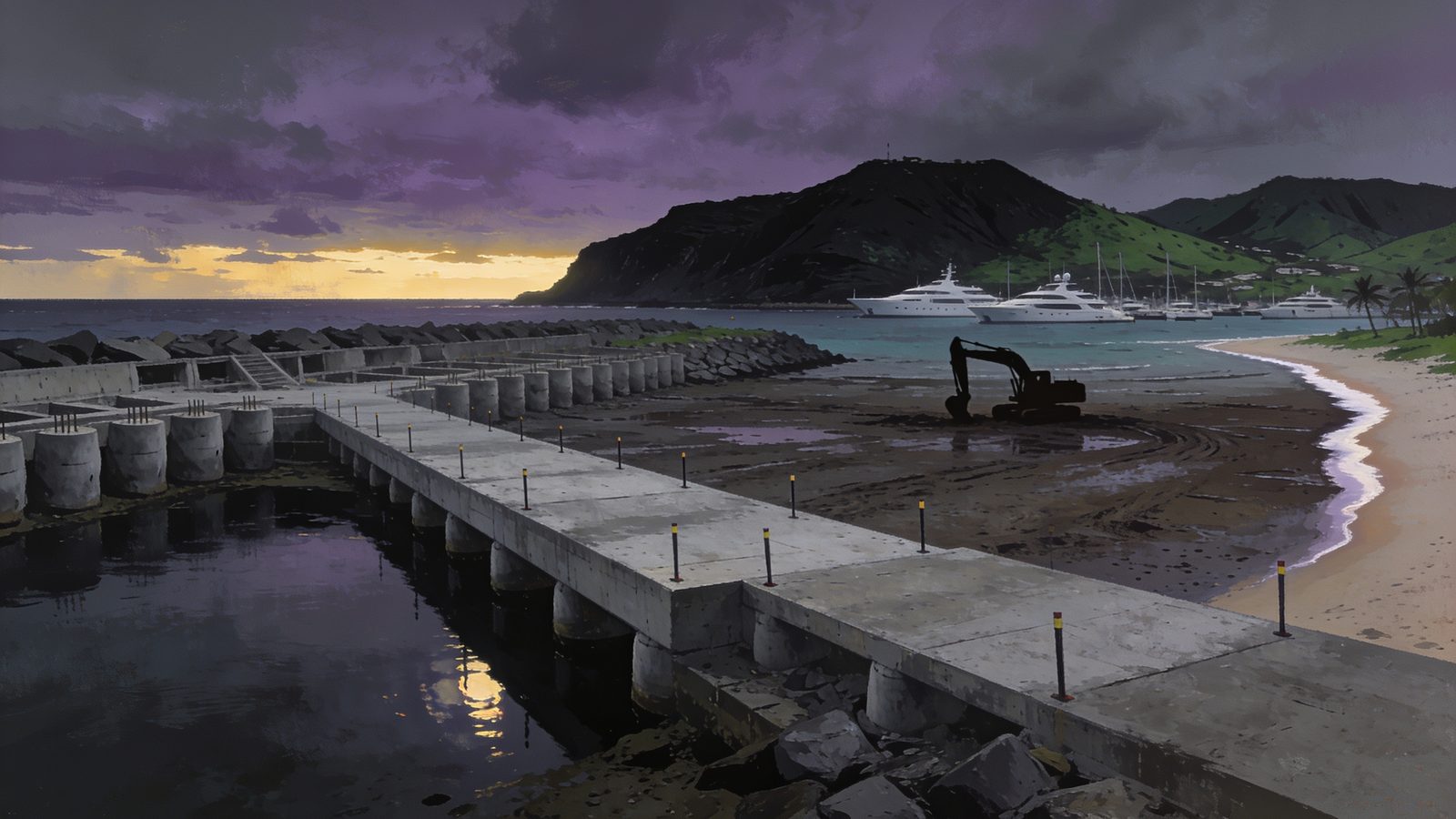A half-built marina jetty and concrete breakwater pushing into a Caribbean bay at low tide, white yachts moored beyond it under a bruise-purple dusk