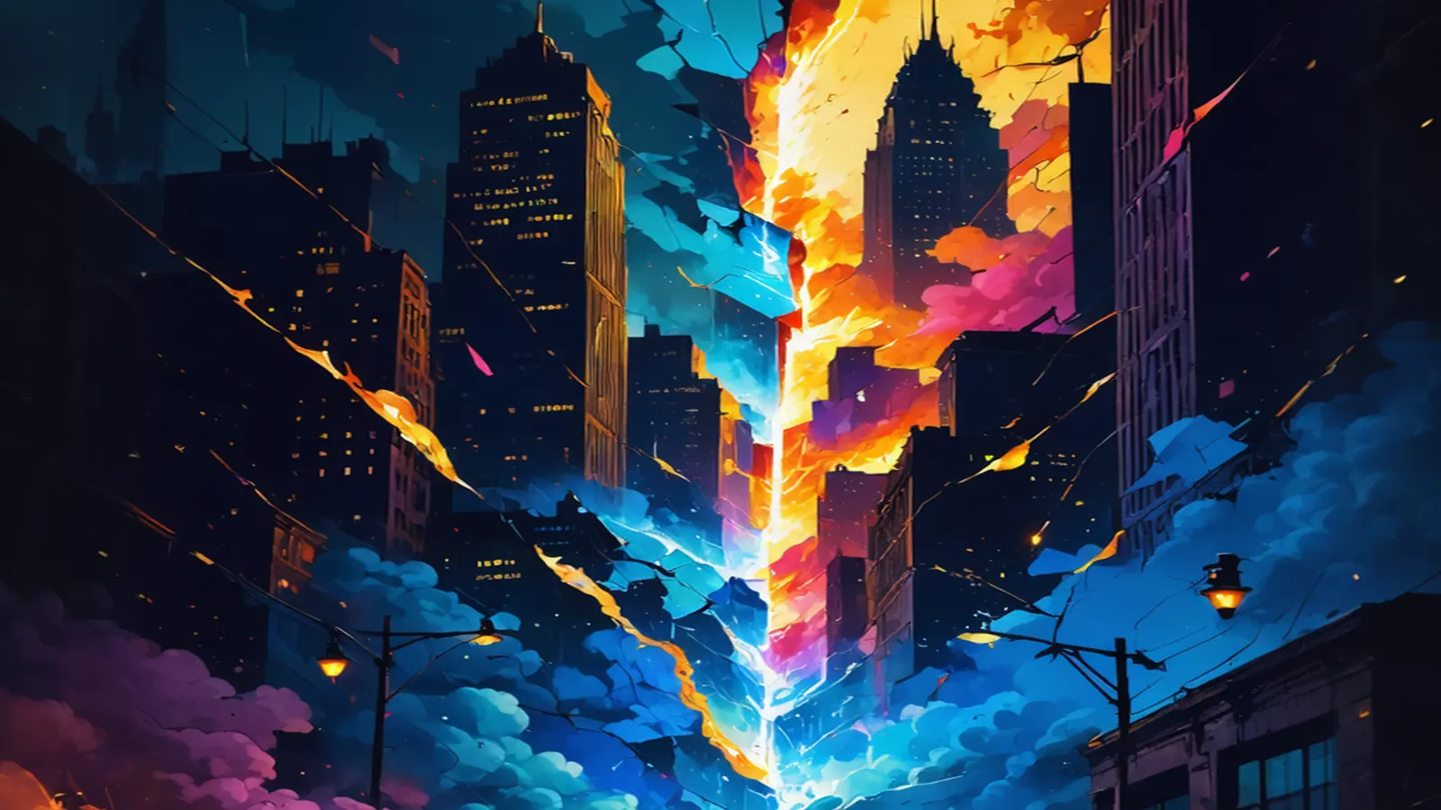 Chicago skyline fracturing as reality splits apart — the dual nature of the city in The Covenant Files