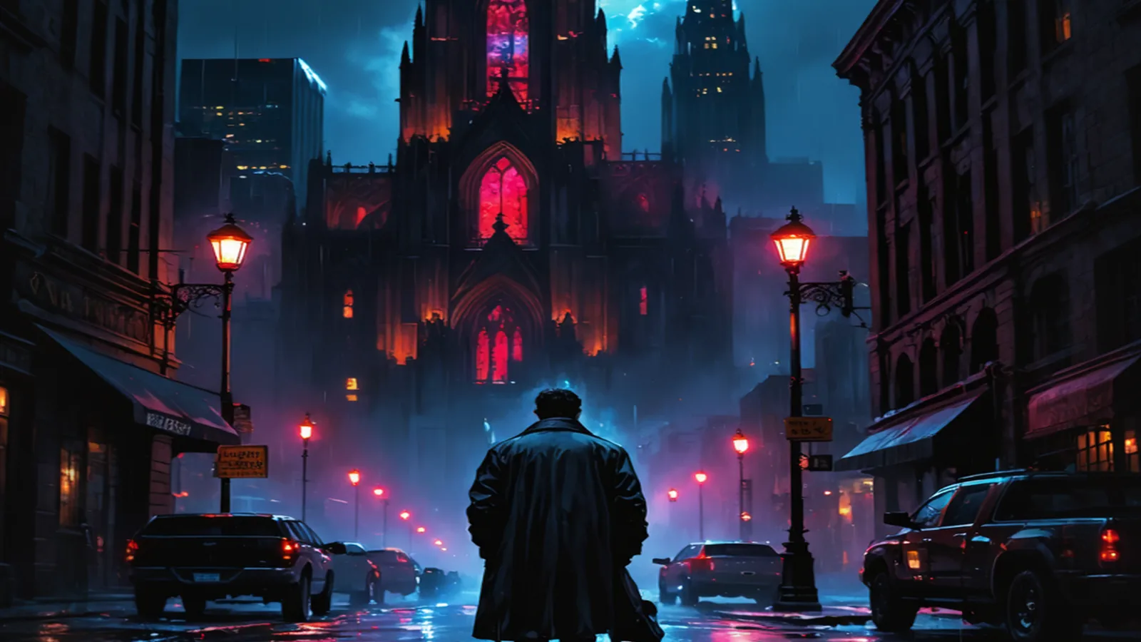 A condemned Gothic church in Chicago's South Side, rain-soaked, basement windows glowing — Holy Redeemer Church from The Covenant Files